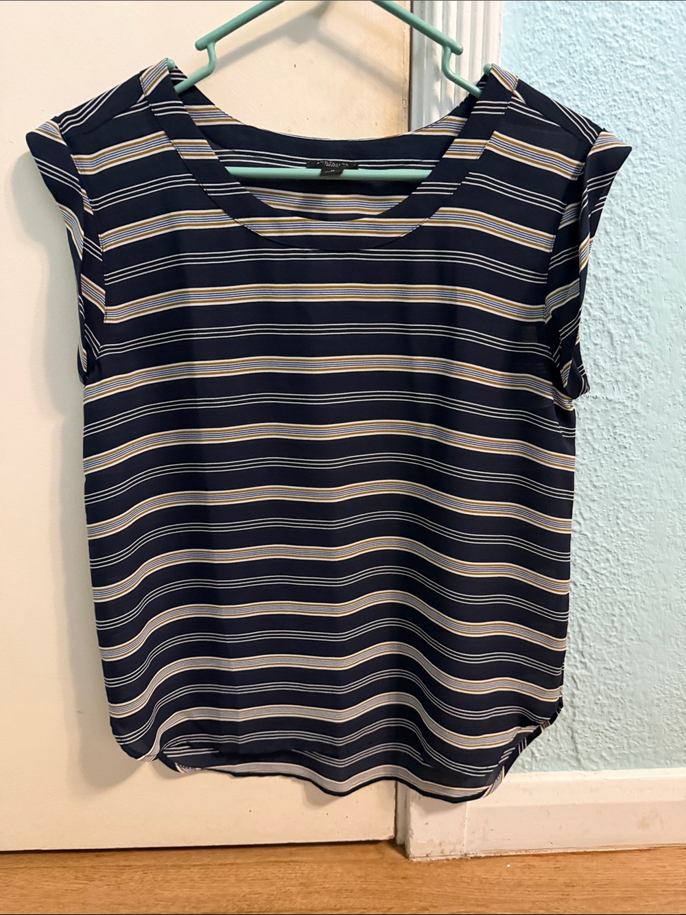 Ann Taylor Navy Striped Sleeveless Camisole with Cream and Tan Accents